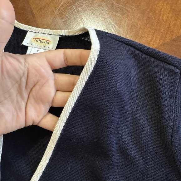 Talbots 100% Silk Open Front Cardigan Navy W/ivory Trim Women's Size P - Picture 12 of 16